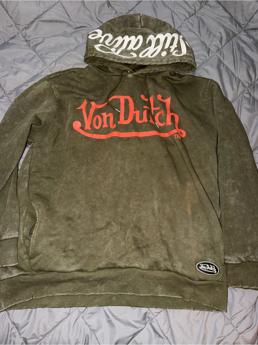 Von Dutch Olive Green Hoodie with Red Logo